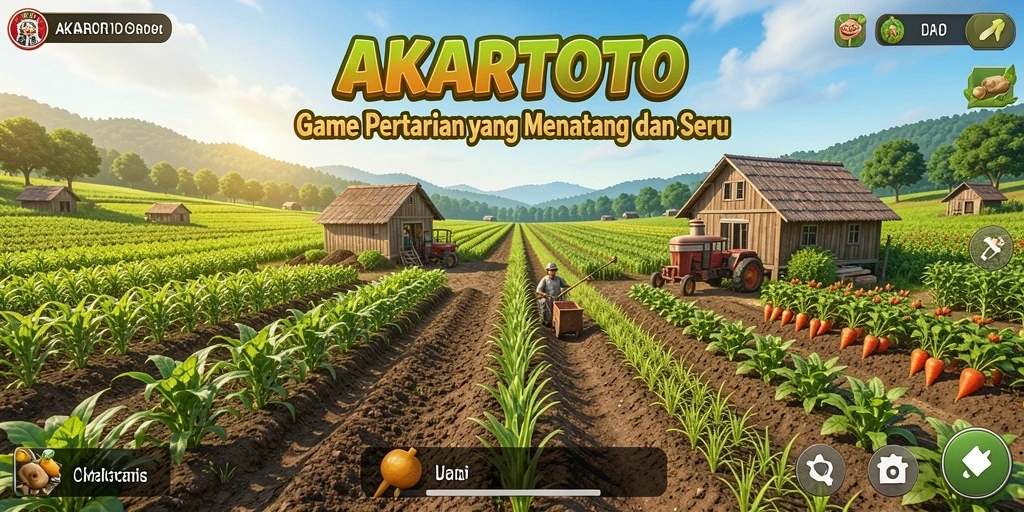 Tampilan gameplay AKARTOTO yang penuh warna dalam pertanian.