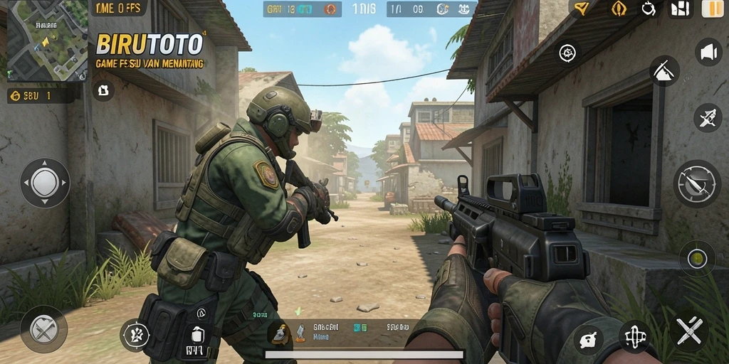 Screenshot gameplay BIRUTOTO menampilkan aksi tembak-tembakan seru.