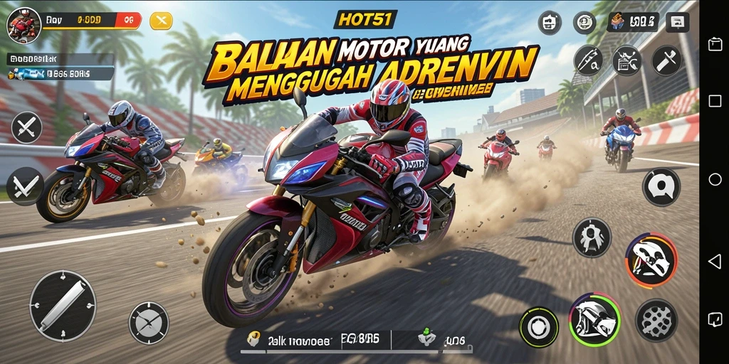 Screenshot HOT51 menampilkan aksi balapan motor yang mendebarkan.