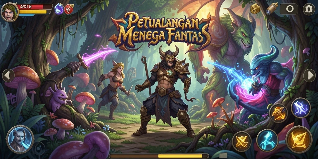 Tampilkan karakter menghadapi musuh di medan tempur RPG.