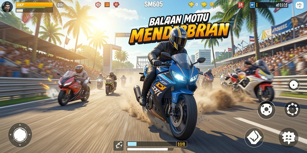 Tampilan gameplay balapan motor yang mendebarkan di SM605.